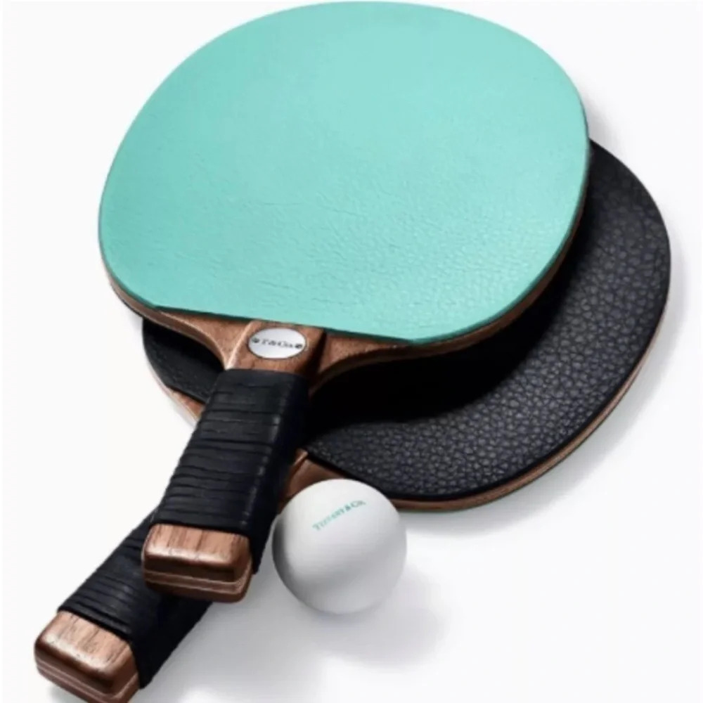 NEW TIFFANY & CO Table Tennis Racket/3 Balls Blue/Black Leather  American Walnut